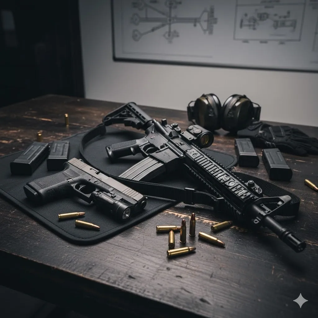 A rifle, pistol, ammunition and safety gear laid out on a table for weapons handling instruction.