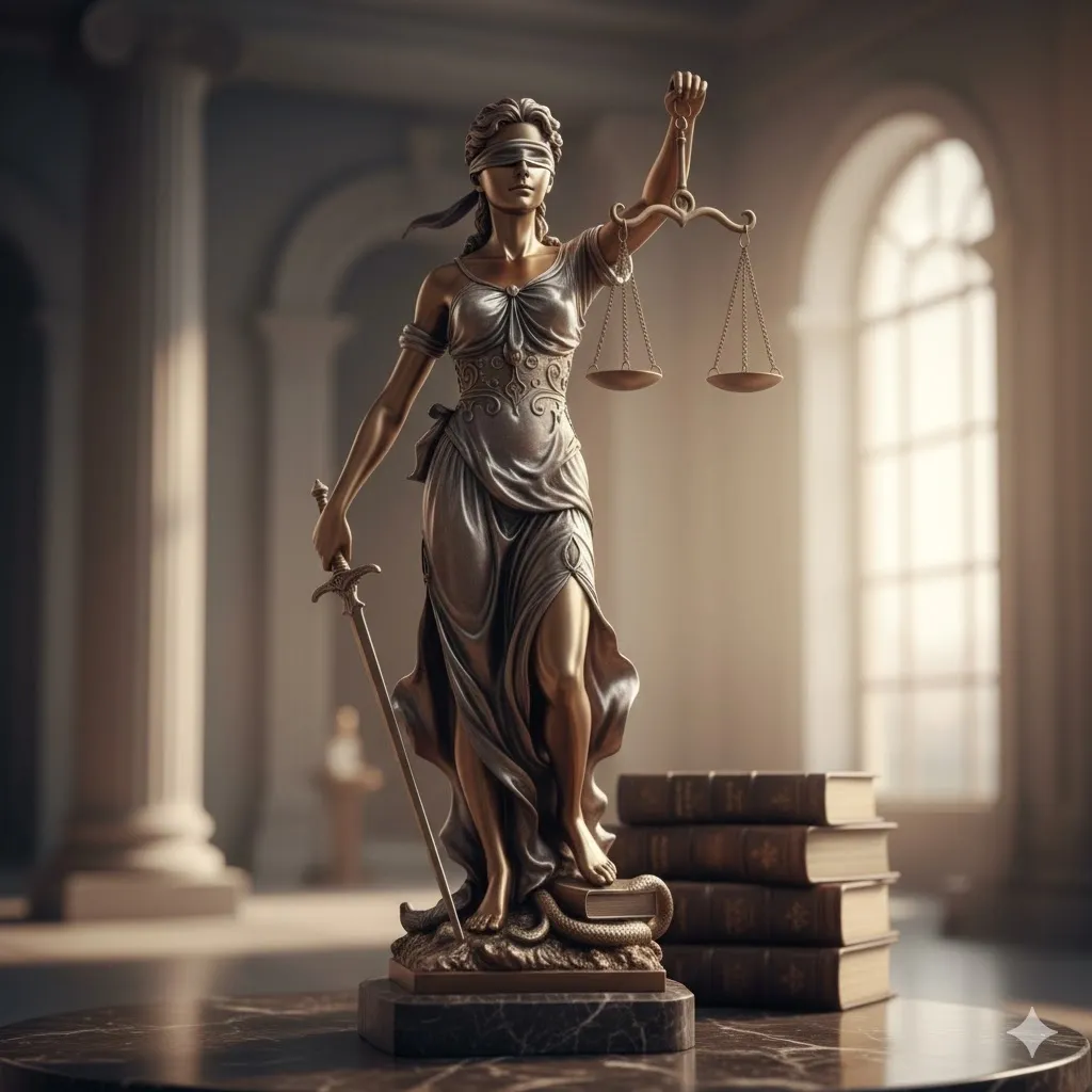 Bronze Desk Statue of the lady of justice 