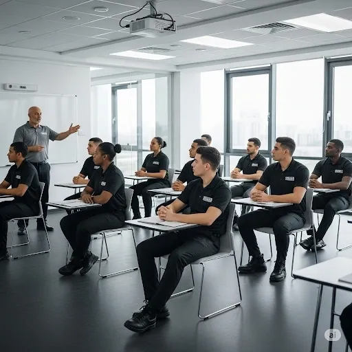 A of security trainees receiving instructor teaching in a professional training environment