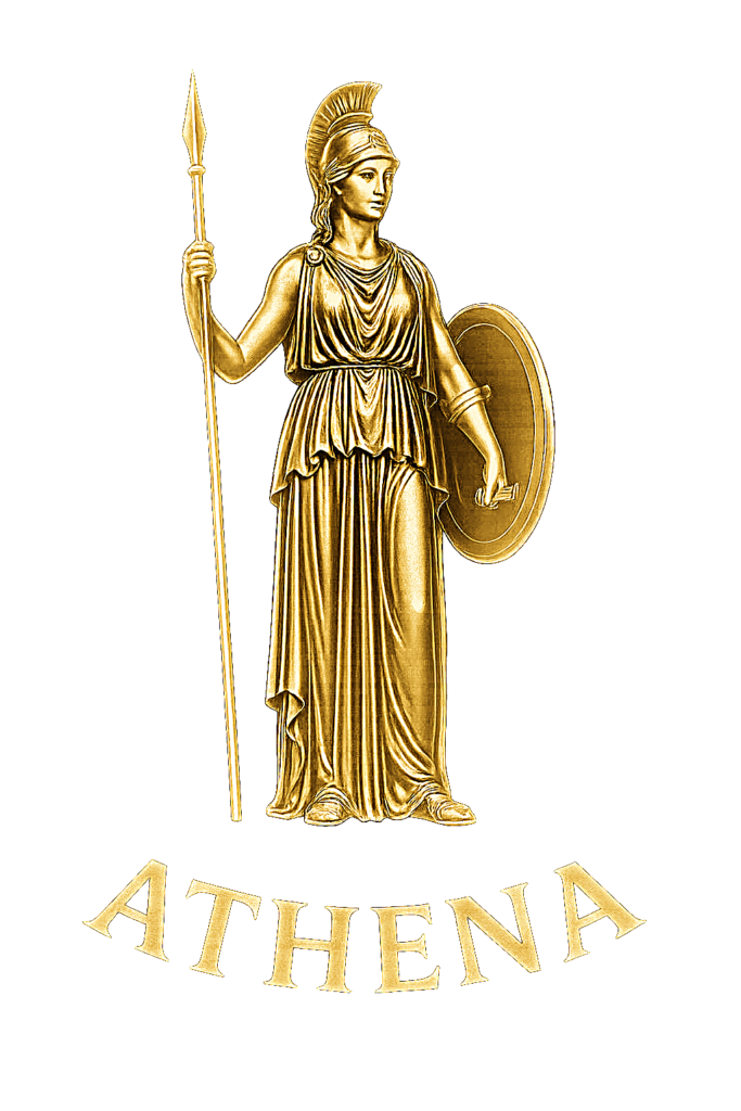 Athena Warrior Queen in gold holding a shield and spear 